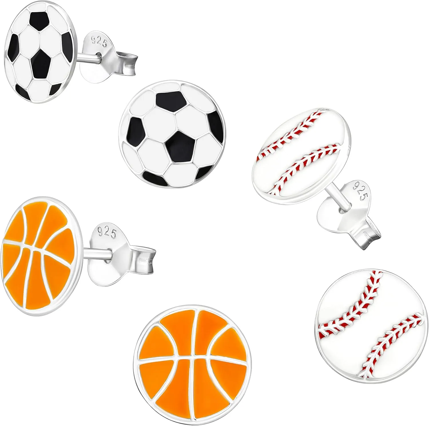 925 Sterling Silver SET OF 3 pairs Sports Soccer Ball, Baseball, Basketball Ear Studs Stud Earrings 28471