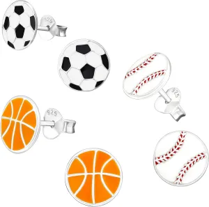 925 Sterling Silver SET OF 3 pairs Sports Soccer Ball, Baseball, Basketball Ear Studs Stud Earrings 28471
