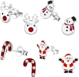 925 Sterling Silver Set of 4 Pairs Christmas Set Crystal Red nose Rudolph Reindeer, Crystal Candy Cane, Santa Claus, Snowman Stud Earrings (Nickel Free)