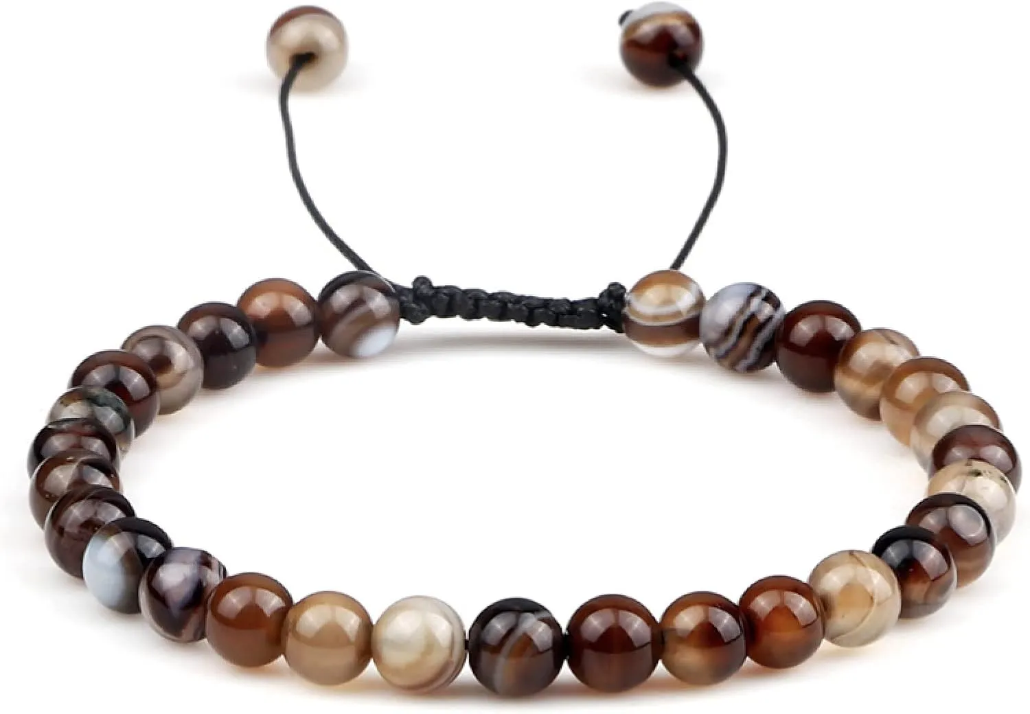Adjustable 6mm Beads Bracelet Natural Agates Onyx Tiger Eye Lava Stone Woven Bracelets for Women Men Handmade Yoga Jewelry Gift,Black Striped