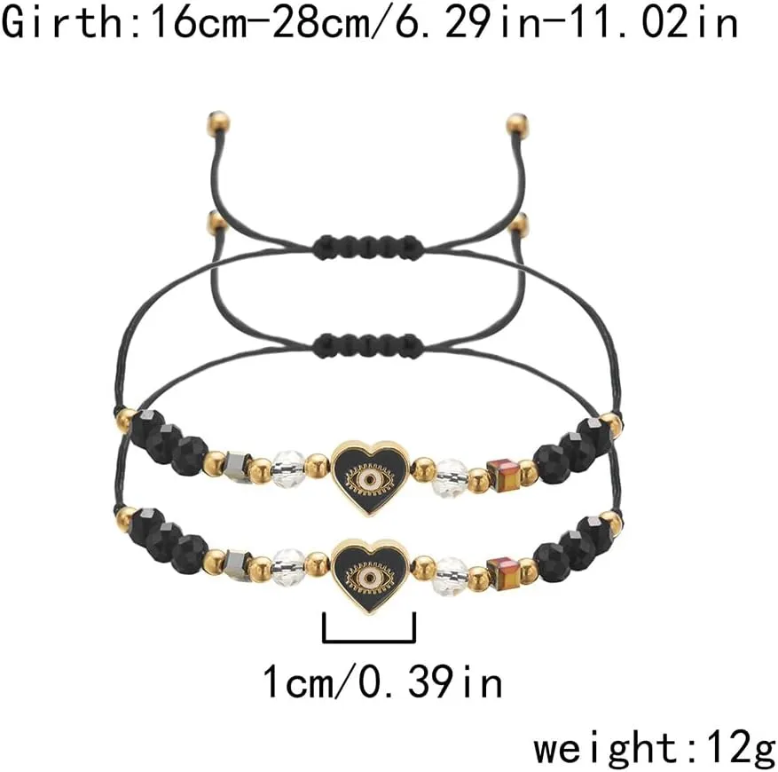 Adjustable Heart Beaded Bracelet 2pcs Love Eye Braided Bracelet for Women Men Beaded Rope Anklet Jewelry Evil Eye Bracelets Couple Best Friend Bracelets