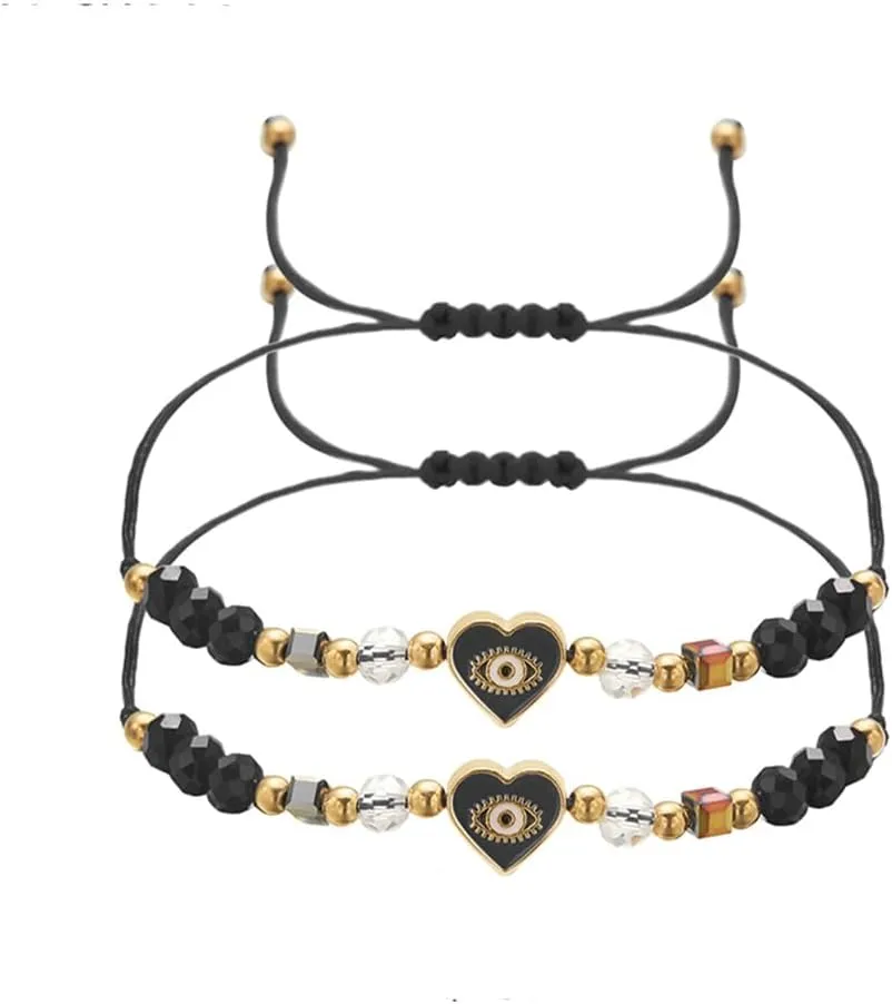Adjustable Heart Beaded Bracelet 2pcs Love Eye Braided Bracelet for Women Men Beaded Rope Anklet Jewelry Evil Eye Bracelets Couple Best Friend Bracelets