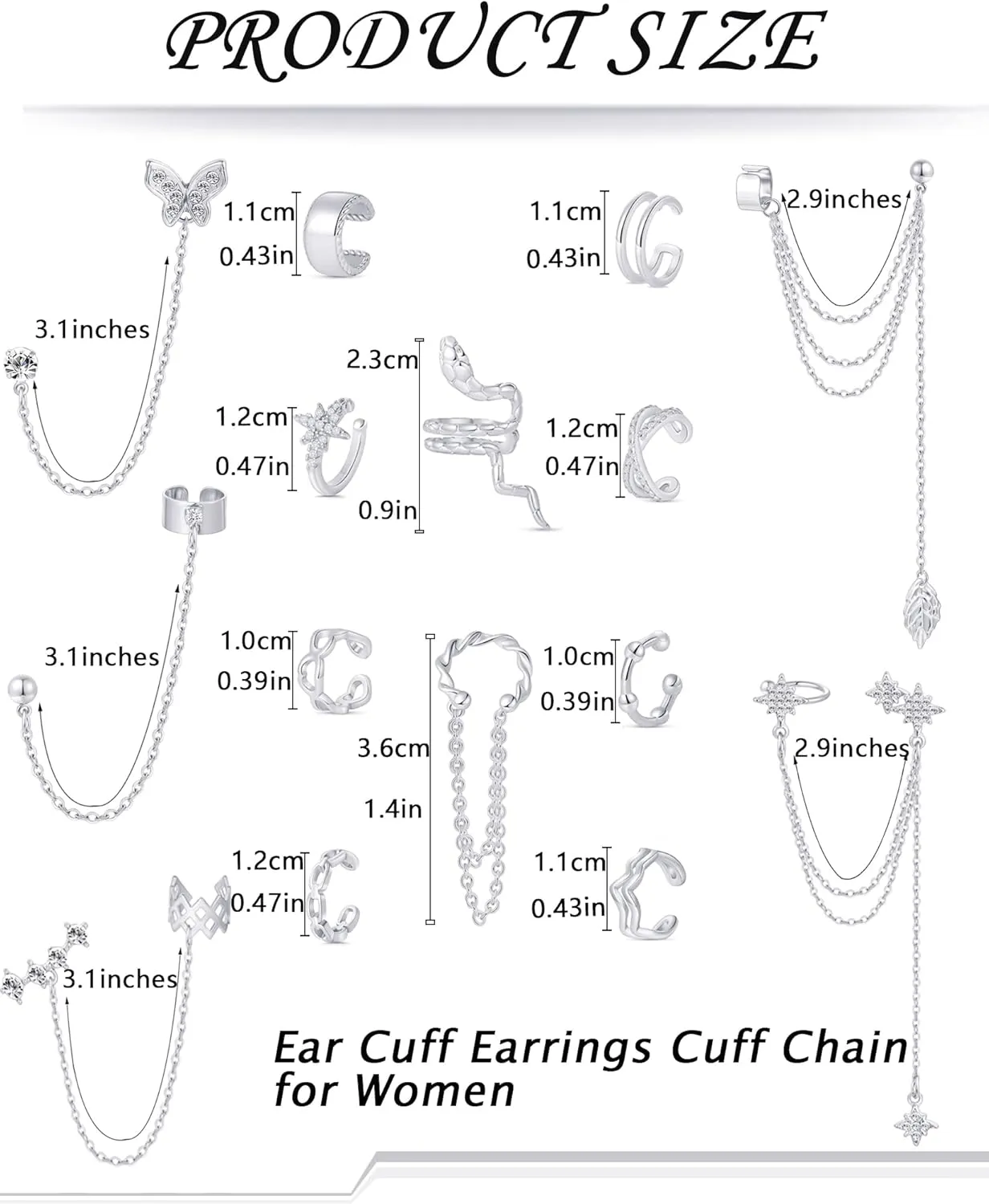 Akeoqi Ear Cuff Earrings for Women Stainless Steel Cuff Chain Drop Dangling Earrings Helix Cartilage Cuff Earring Non Pierced Adjustable Silver Gold Tone