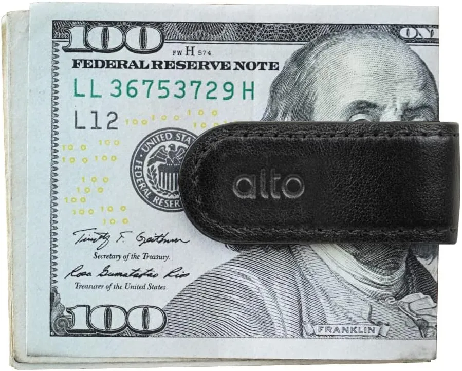 Alto Leather Magnetic Money Clip - Multiple Function Italian Leather Smart Holder for Cable Strap, Hanger, and Tie Clip (Raven Black)