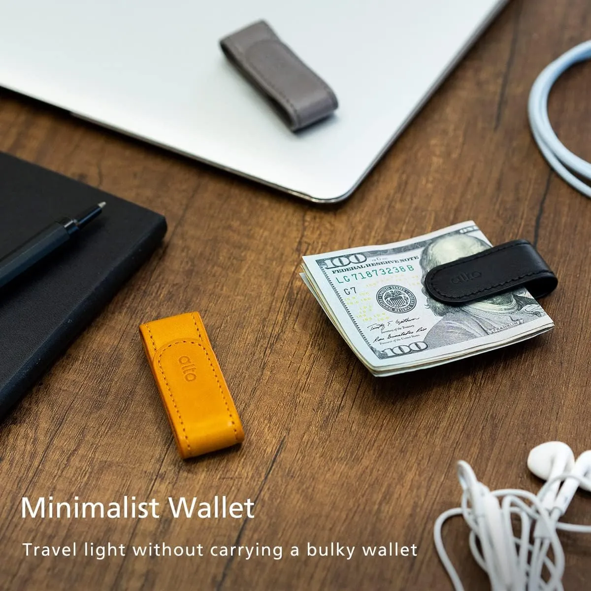 Alto Leather Magnetic Money Clip - Multiple Function Italian Leather Smart Holder for Cable Strap, Hanger, and Tie Clip (Raven Black)