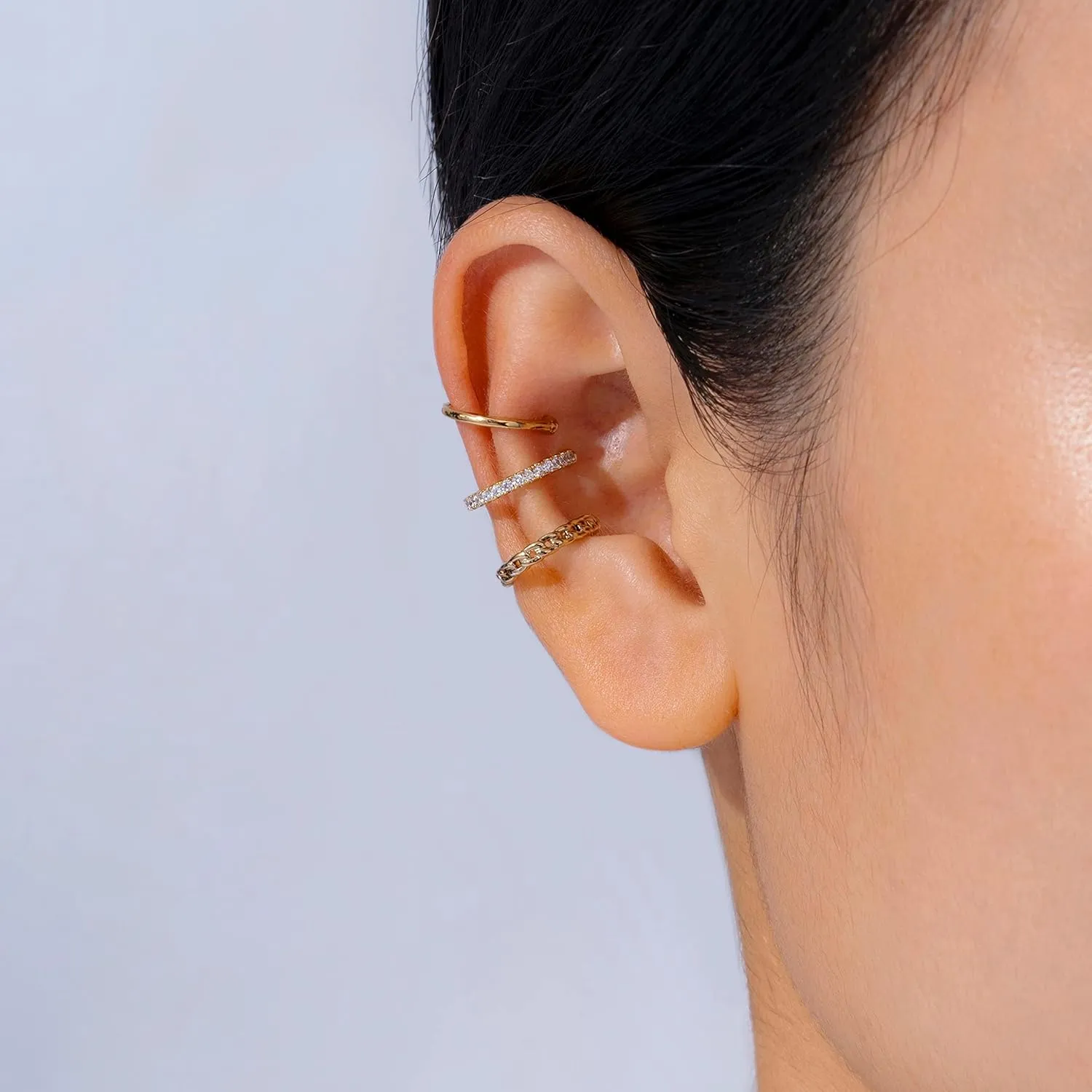 Amazon Essentials 14K Gold or Rhodium Plated Sterling Silver Set of 3 Ear Cuffs