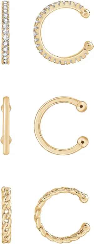 Amazon Essentials 14K Gold or Rhodium Plated Sterling Silver Set of 3 Ear Cuffs