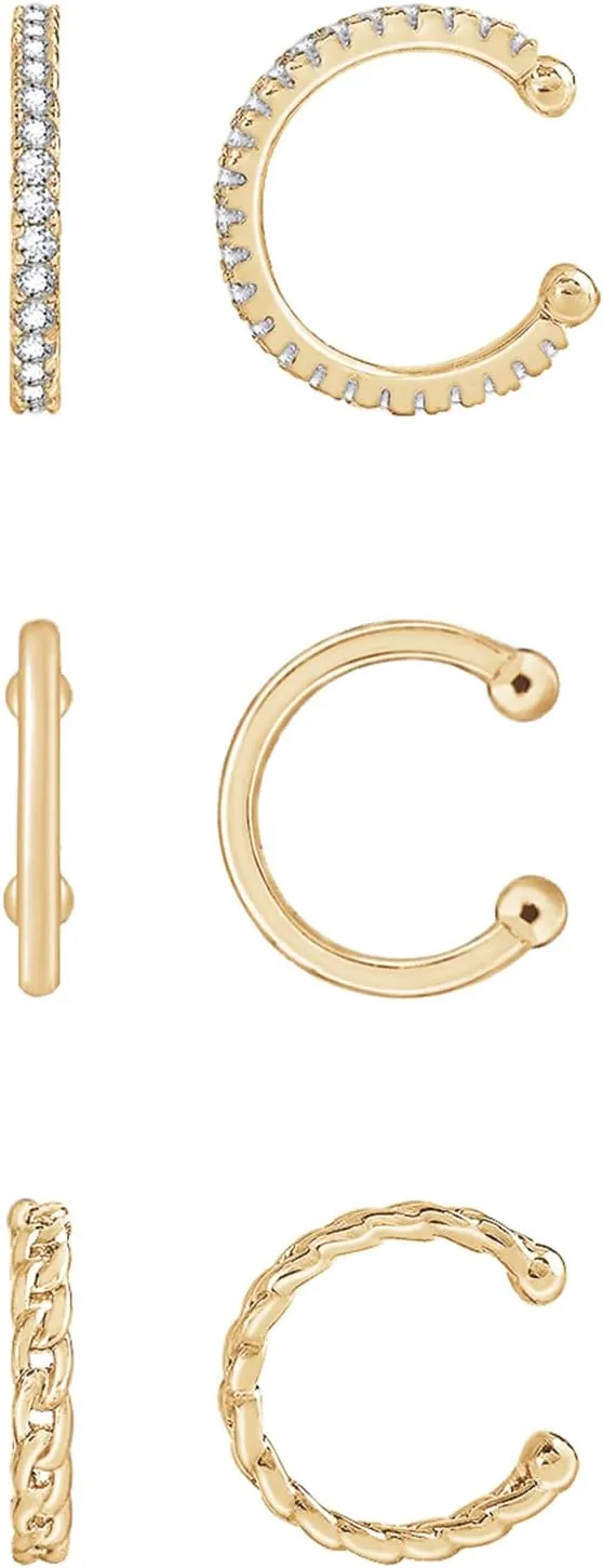 Amazon Essentials 14K Gold or Rhodium Plated Sterling Silver Set of 3 Ear Cuffs