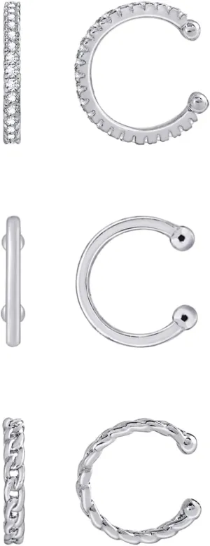 Amazon Essentials 14K Gold or Rhodium Plated Sterling Silver Set of 3 Ear Cuffs