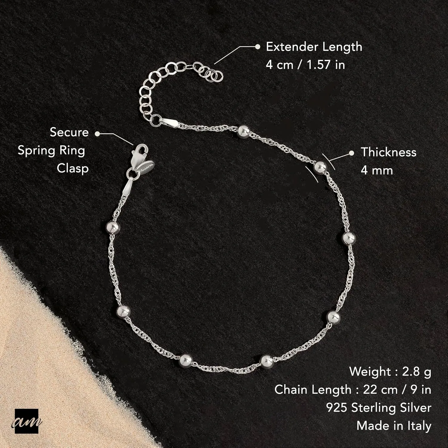 Amberta Italian Sterling Silver Anklet for Women 925 | Adjustable Ankle Bracelets for Women Beaded Heart Summer Jewelry