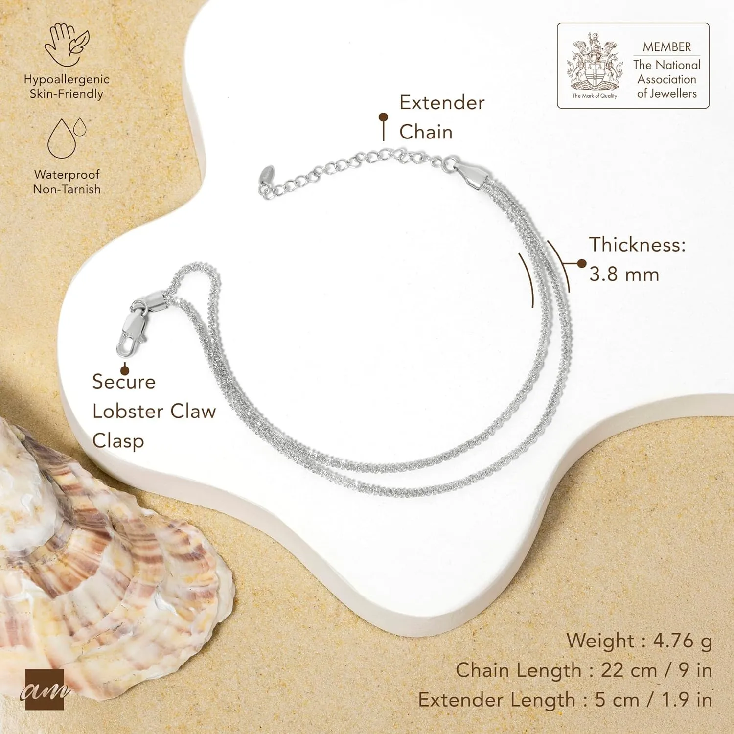 Amberta Silver Gold Waterproof Ankle Bracelets for Women | Boho Layered Anklets for Women | Summer Jewelry, Adjustable Ankle Chain Beaded Rope Heart