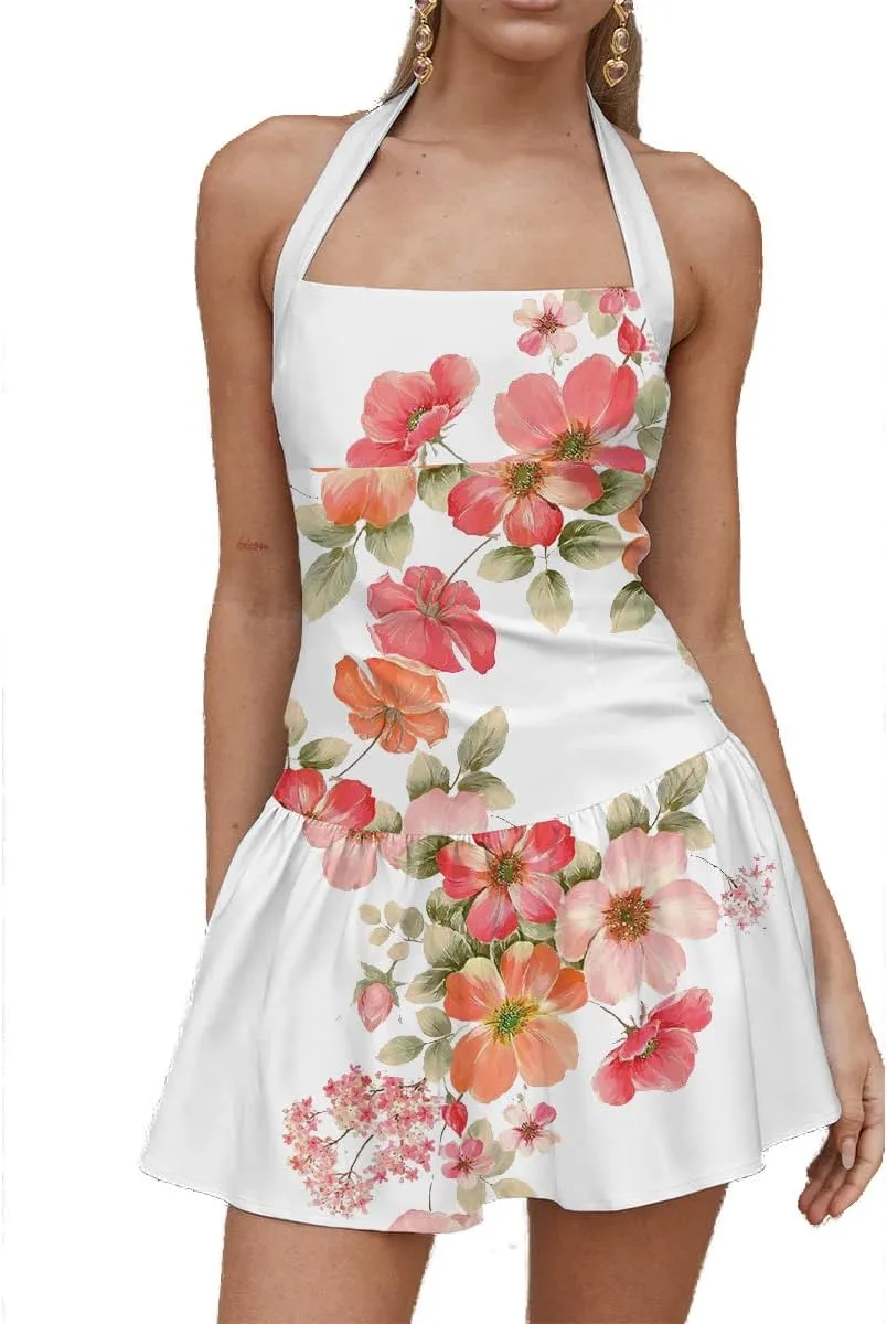 Amiblvowa Women Y2k Halter Neck Mini Bodycon Dress Sexy Sleeveless Open Back Floral Printed Club Party Cocktail Short Dresses