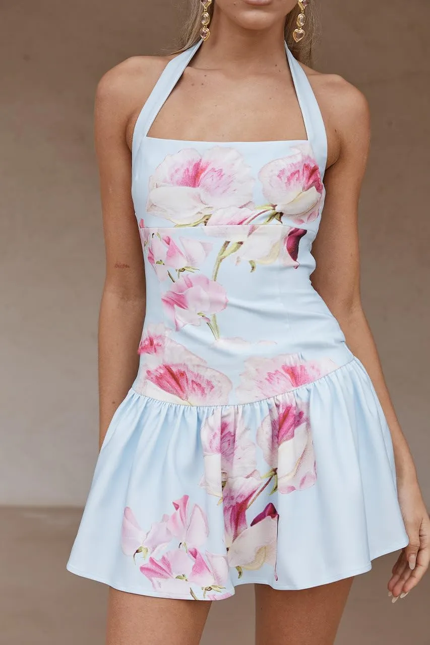 Amiblvowa Women Y2k Halter Neck Mini Bodycon Dress Sexy Sleeveless Open Back Floral Printed Club Party Cocktail Short Dresses