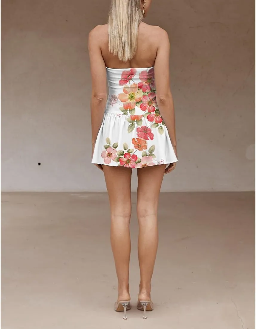 Amiblvowa Women Y2k Halter Neck Mini Bodycon Dress Sexy Sleeveless Open Back Floral Printed Club Party Cocktail Short Dresses