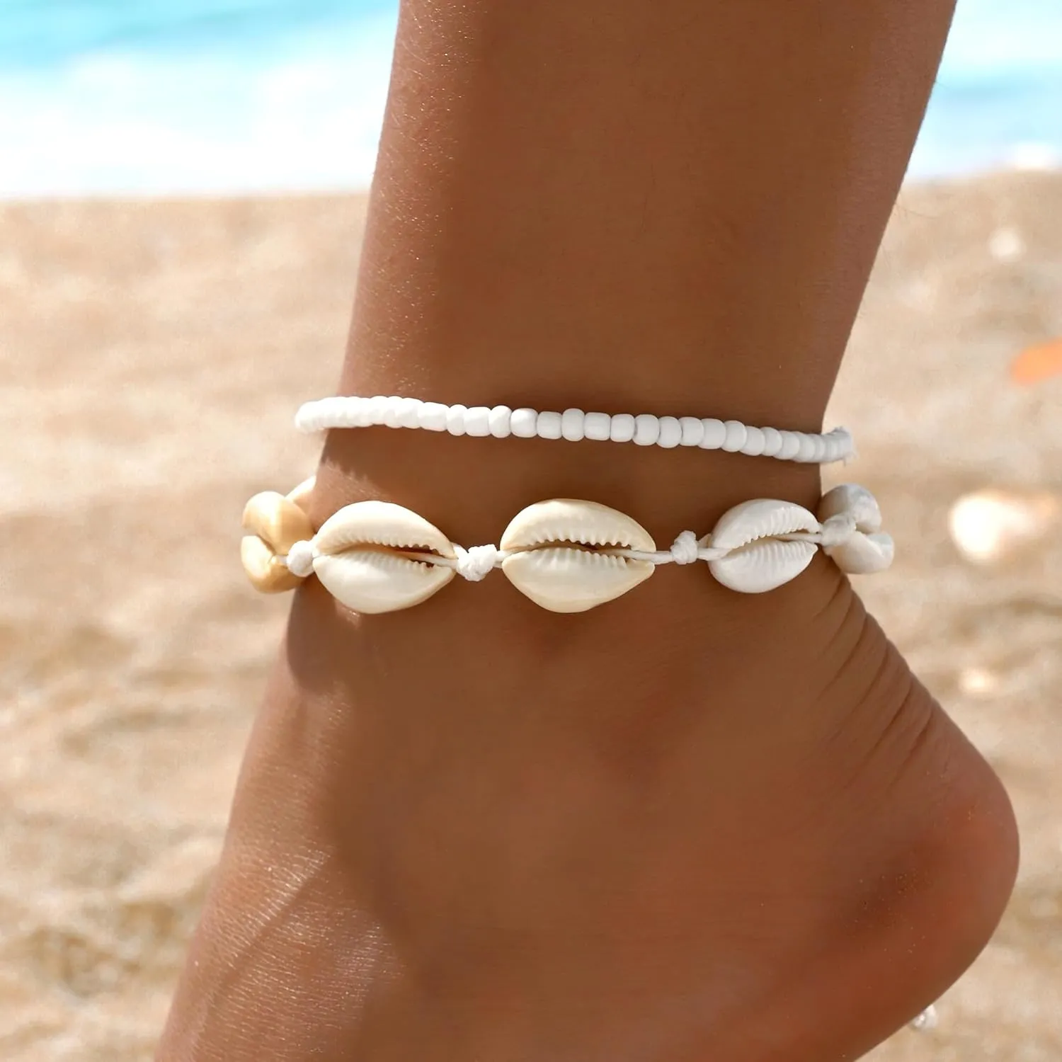Ankle Bracelets for Women Adjustable Beaded Shell Boho Beach Jewelry Gold-Tone Waterproof Summer Gift Set