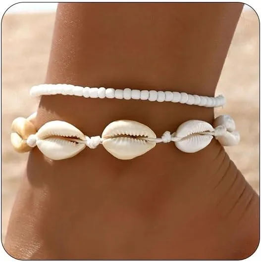 Ankle Bracelets for Women Adjustable Beaded Shell Boho Beach Jewelry Gold-Tone Waterproof Summer Gift Set