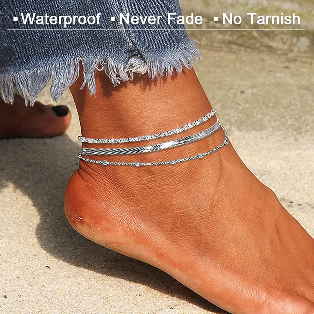 Ankle Bracelets for Women,18K Gold Plated Layered Beads Snake Chain Anklet for Women,Summer Beach Dainty Anklets Foot Jewelry Gift