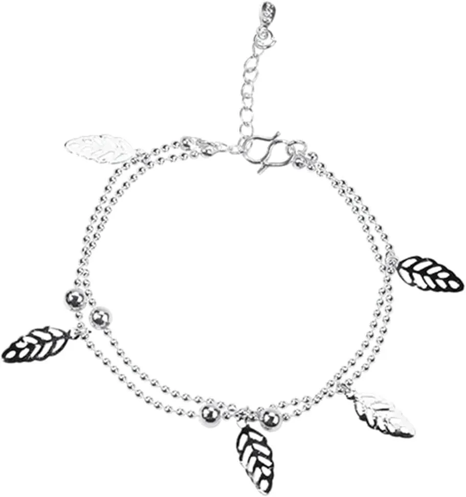 Anklets Silver, Large Anklets for Women Double Layer Chain with Leaves Beaded Anklet for Men Copper 25cm