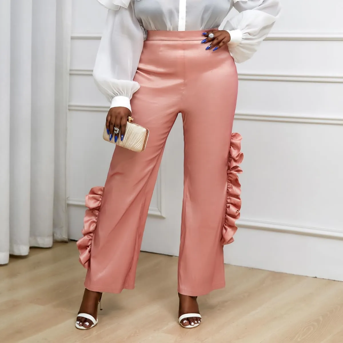 AOMEI Women's Pink Shiny High Waist Ruffled Trim Pants Straight Leg Bottoms Trousers