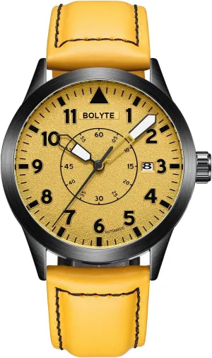 Automatic Mechanical Mens Watches Self Winding Auto Date Military Sports Male Wristwatch with Leather Strap (Yellow), Yellow, Military