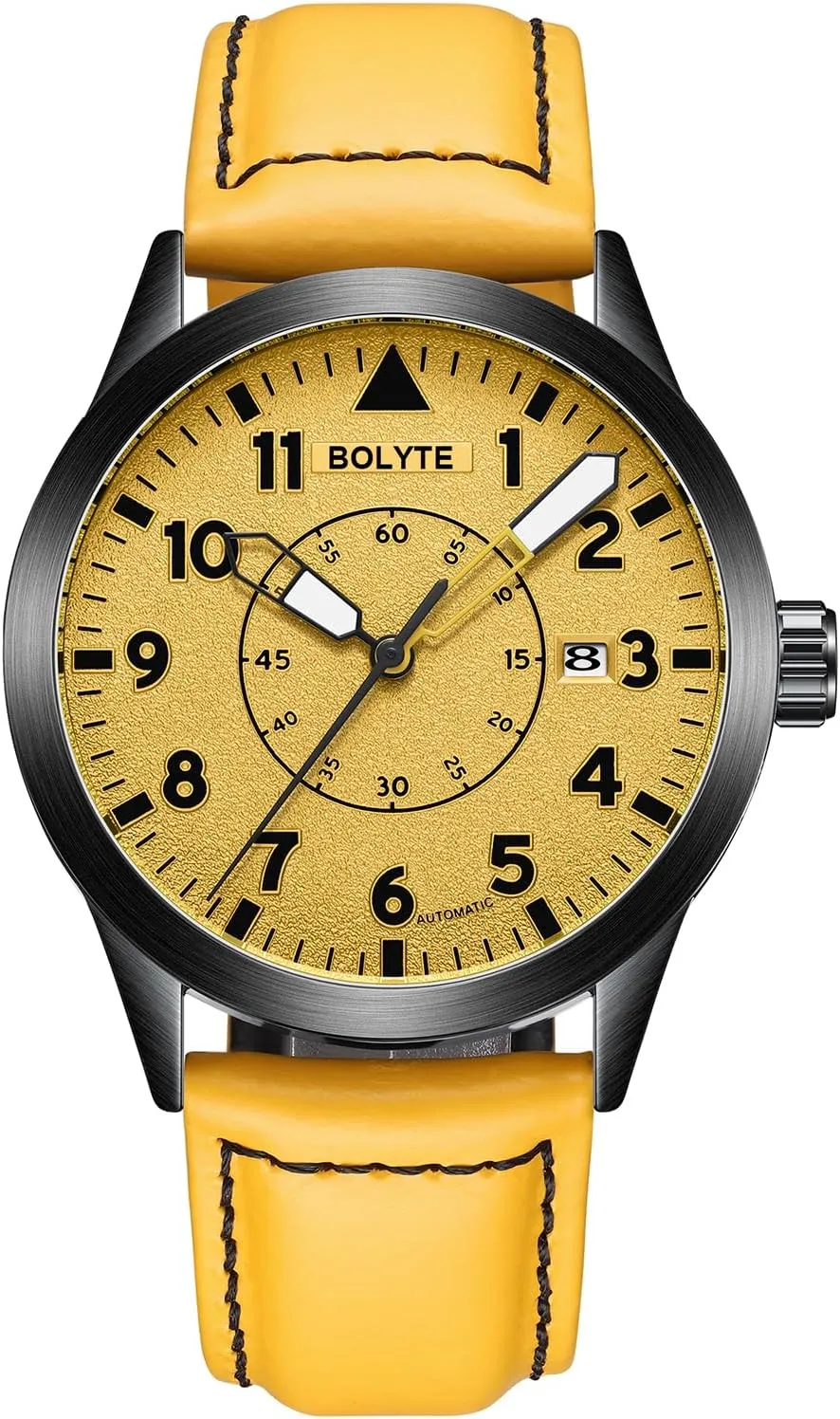 Automatic Mechanical Mens Watches Self Winding Auto Date Military Sports Male Wristwatch with Leather Strap (Yellow), Yellow, Military