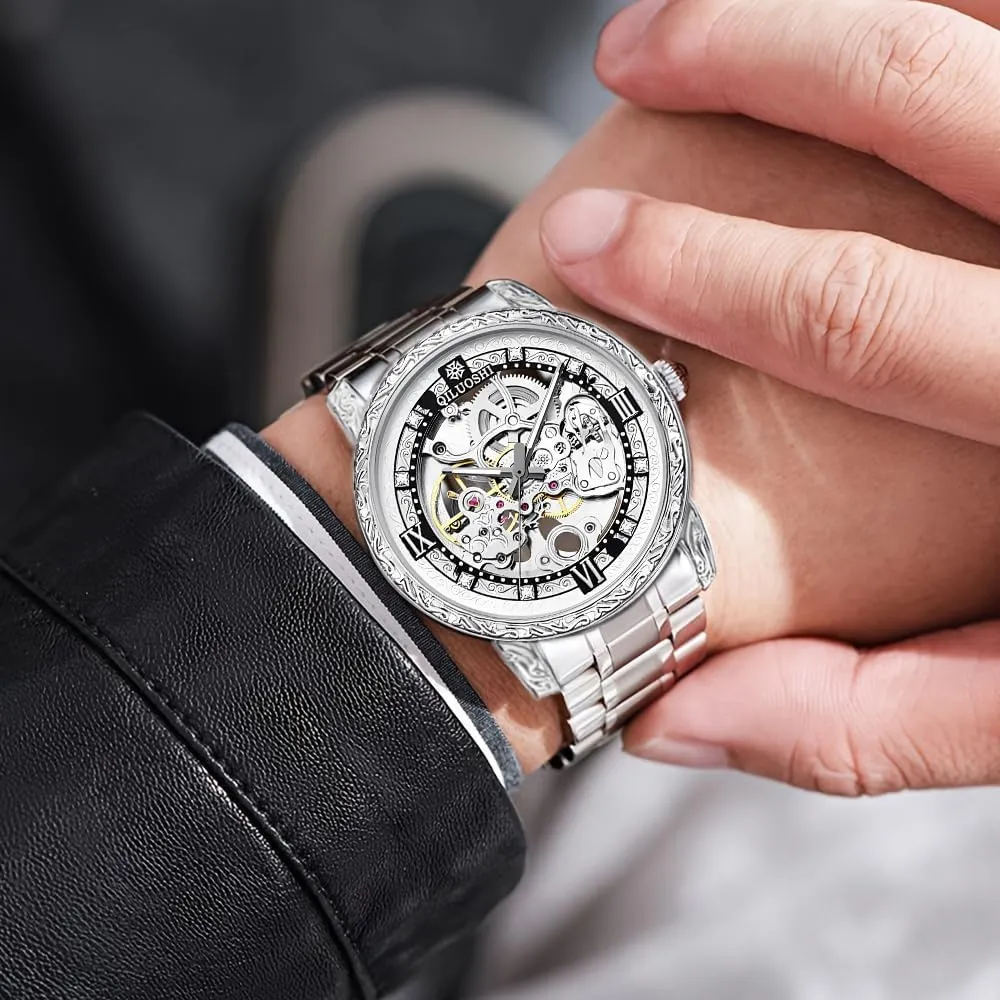 Automatic Mechanical Watch Hollowed Out Waterproof Retro Carved Fashionable Mens Watches