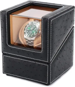 Automatic Single Watch Winder for Rolex and Other Luxury Watches - Automatic Winder with Quiet Motor, Premium Black Ostrich Leather Exterior and Soft Flexible Watch Pillows of Camel Velvet