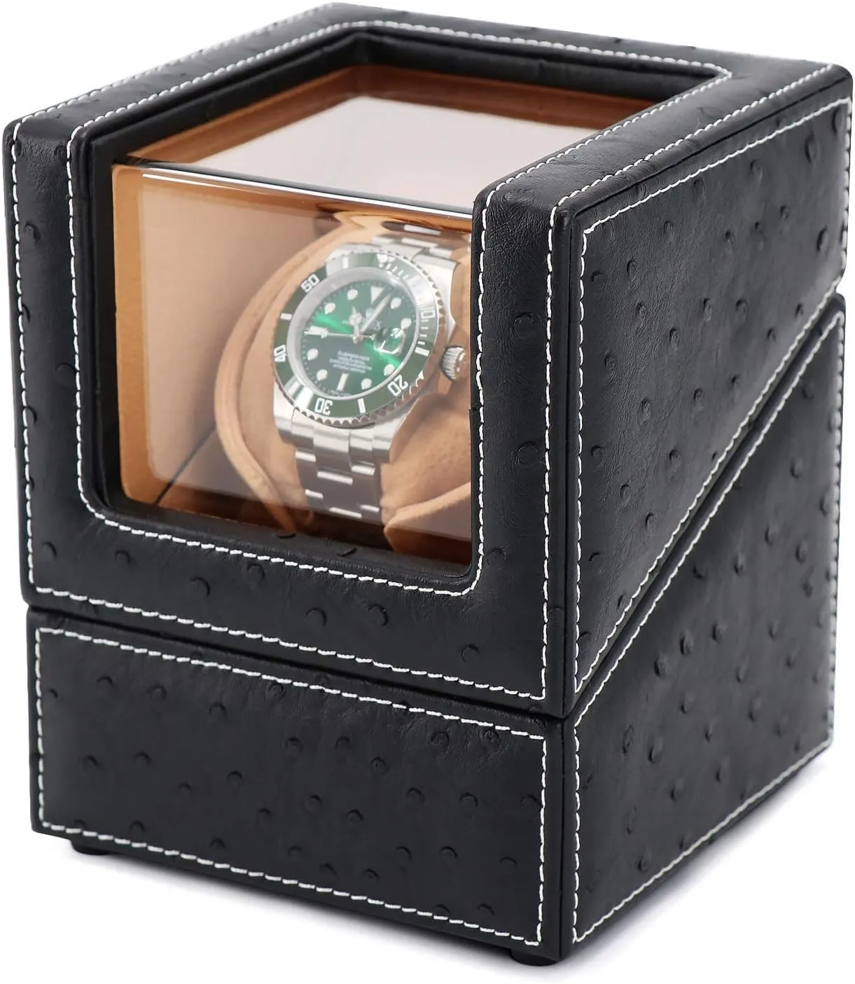 Automatic Single Watch Winder for Rolex and Other Luxury Watches - Automatic Winder with Quiet Motor, Premium Black Ostrich Leather Exterior and Soft Flexible Watch Pillows of Camel Velvet