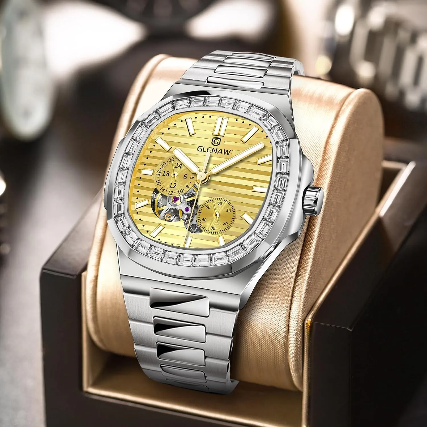 Automatic Tourbillon Watches for Men, Square Skeleton Watch Stainless Steel Self-Winding Mechanical Watch Wrist Watch