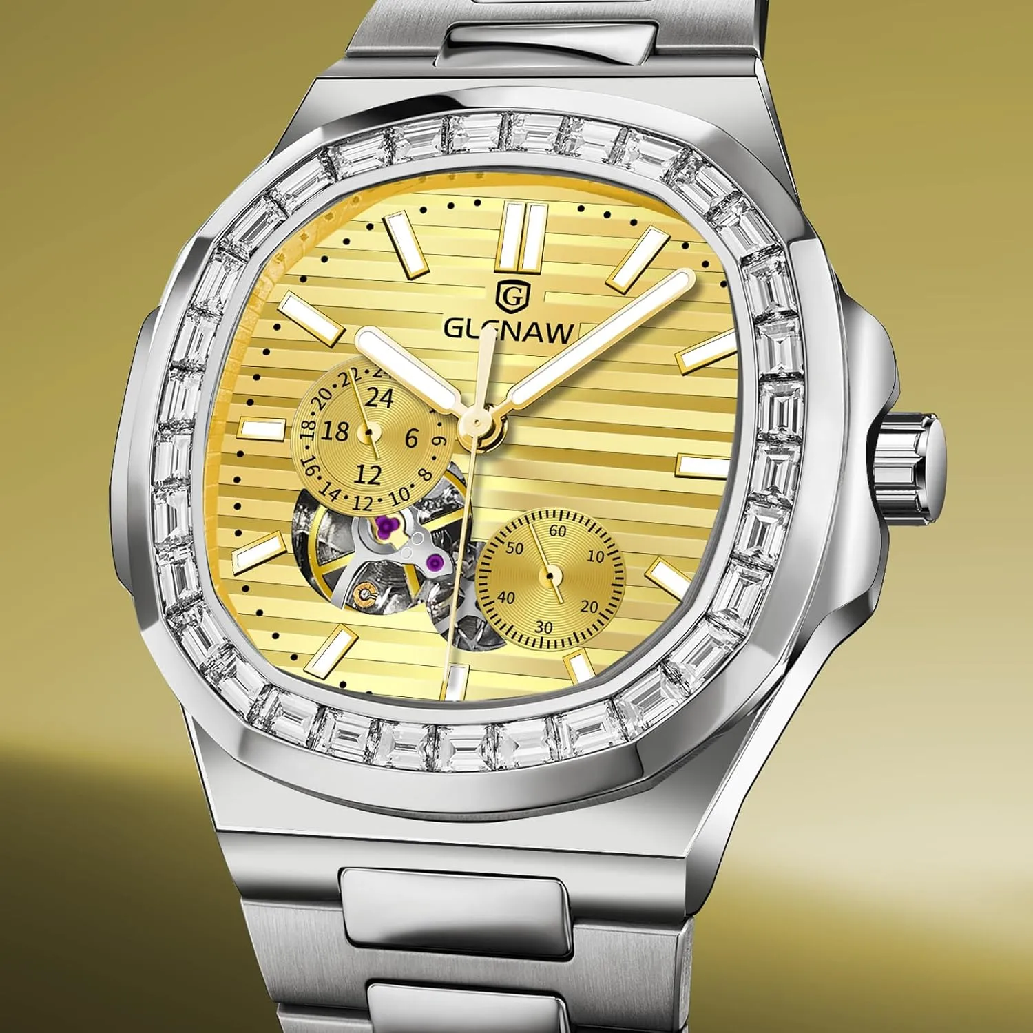 Automatic Tourbillon Watches for Men, Square Skeleton Watch Stainless Steel Self-Winding Mechanical Watch Wrist Watch