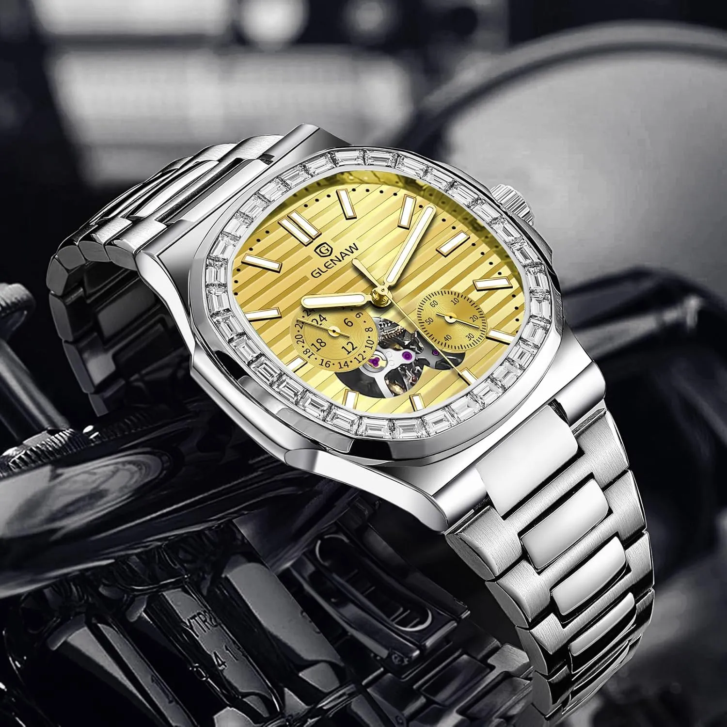 Automatic Tourbillon Watches for Men, Square Skeleton Watch Stainless Steel Self-Winding Mechanical Watch Wrist Watch