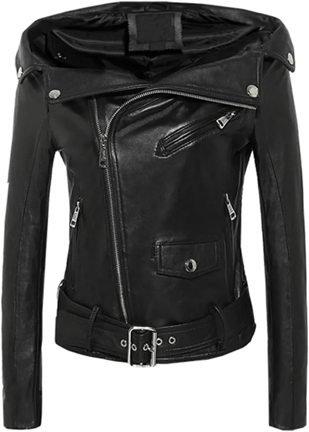 Autumn Off Shoulder Soft Faux Leather Jacket Women Zipper Long Sleeve Belt