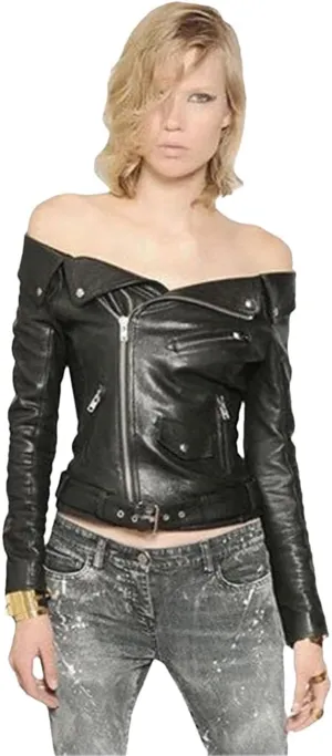 Autumn Off Shoulder Soft Faux Leather Jacket Women Zipper Long Sleeve Belt