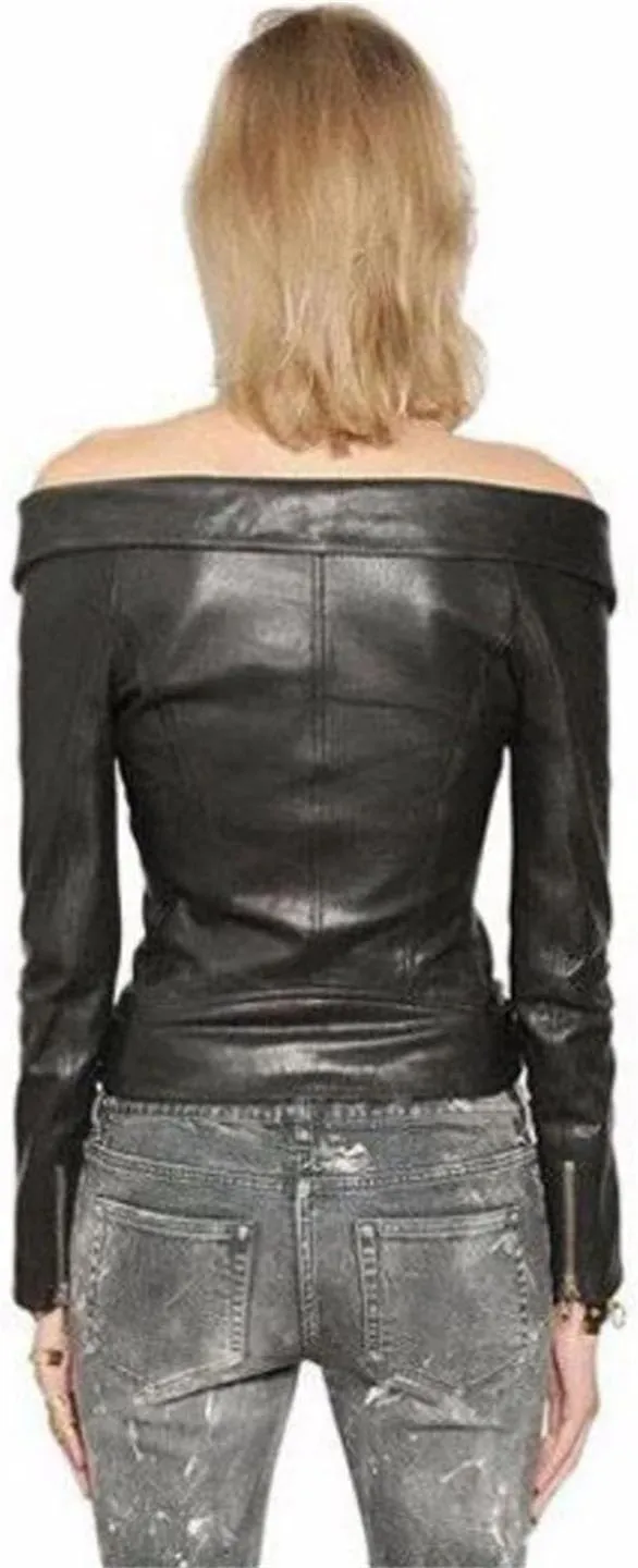 Autumn Off Shoulder Soft Faux Leather Jacket Women Zipper Long Sleeve Belt