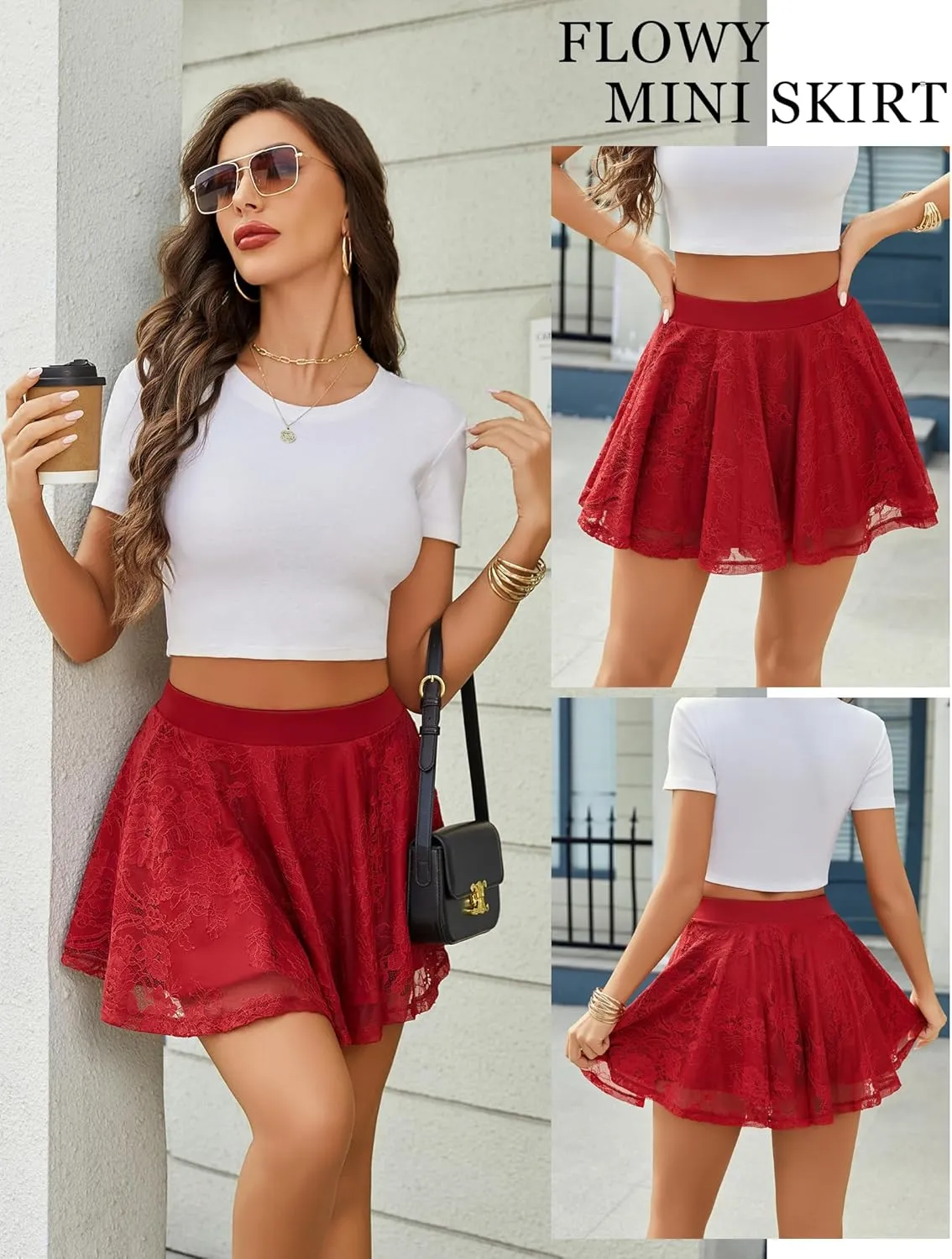 Avidlove Skirts for Women Lace Pleated Ruffles Skater Skirt Elastic Waistband Sexy Basic Stretchy Flared Casual Mini Skirt
