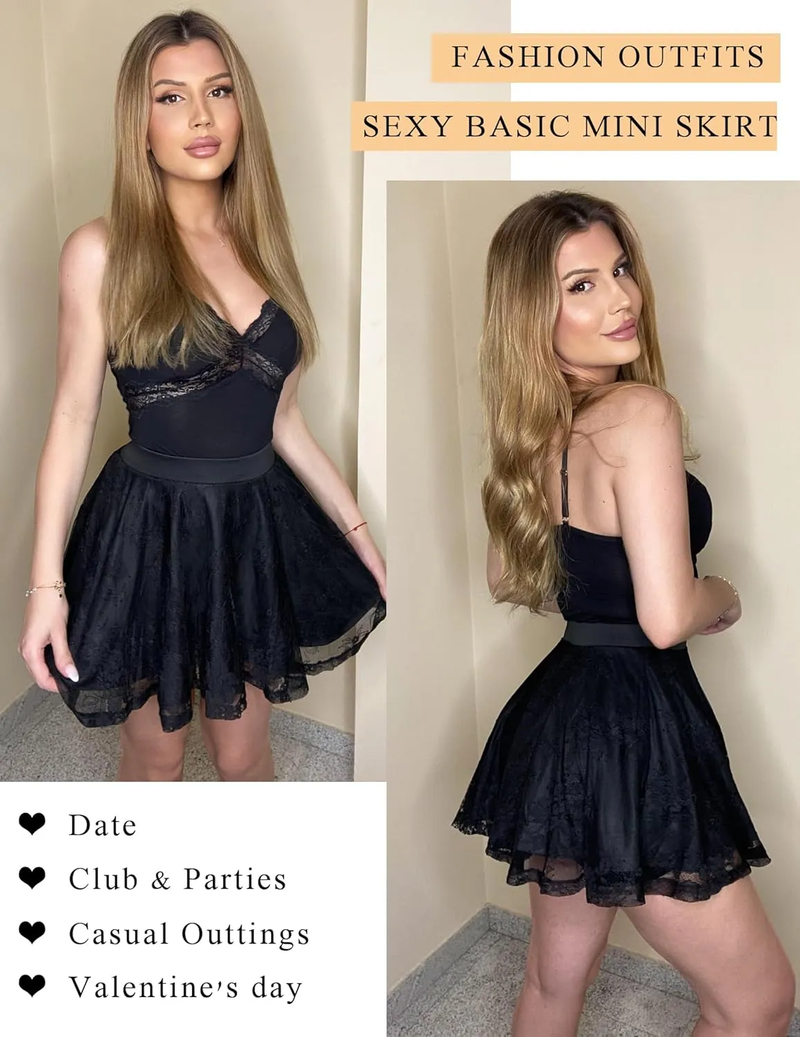 Avidlove Skirts for Women Lace Pleated Ruffles Skater Skirt Elastic Waistband Sexy Basic Stretchy Flared Casual Mini Skirt