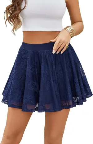Avidlove Skirts for Women Lace Pleated Ruffles Skater Skirt Elastic Waistband Sexy Basic Stretchy Flared Casual Mini Skirt