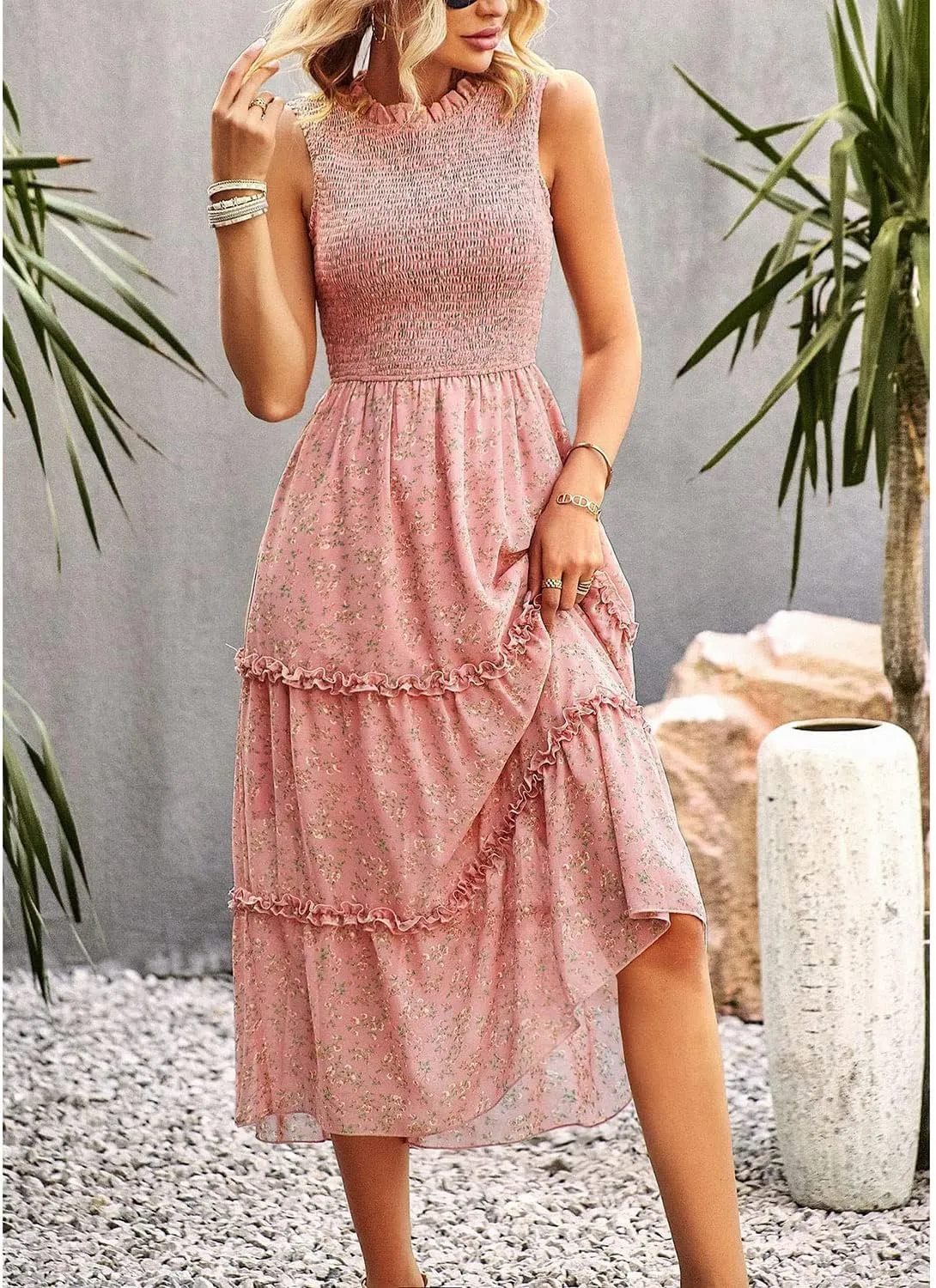 AVSMGP Women's 2023 Summer Casual Boho Floral Printed Spaghetti Strap Round Neck Ruffle A Line Swing Beach Mini Dress