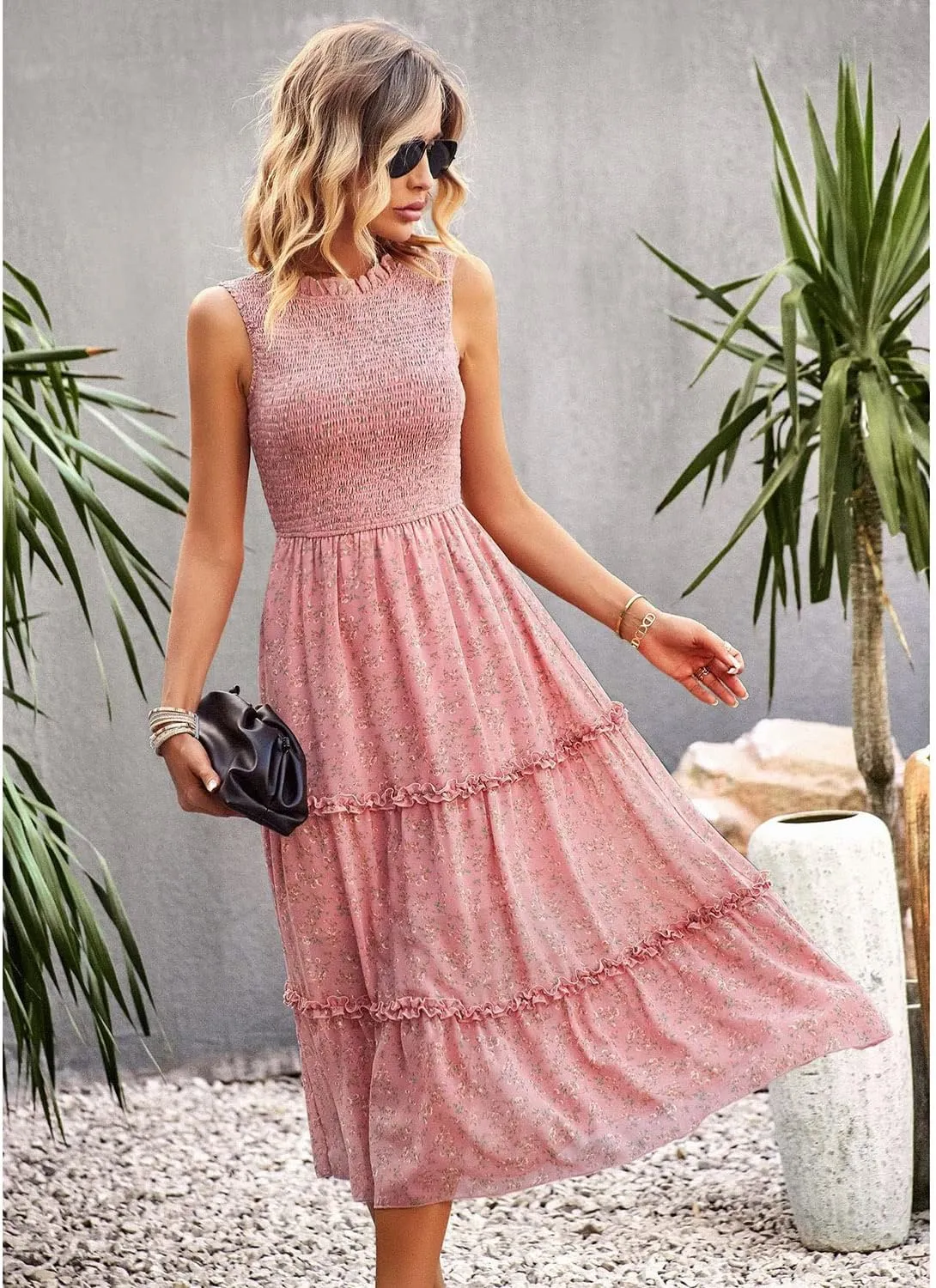 AVSMGP Women's 2023 Summer Casual Boho Floral Printed Spaghetti Strap Round Neck Ruffle A Line Swing Beach Mini Dress