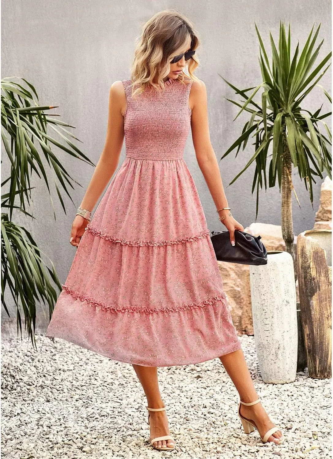 AVSMGP Women's 2023 Summer Casual Boho Floral Printed Spaghetti Strap Round Neck Ruffle A Line Swing Beach Mini Dress