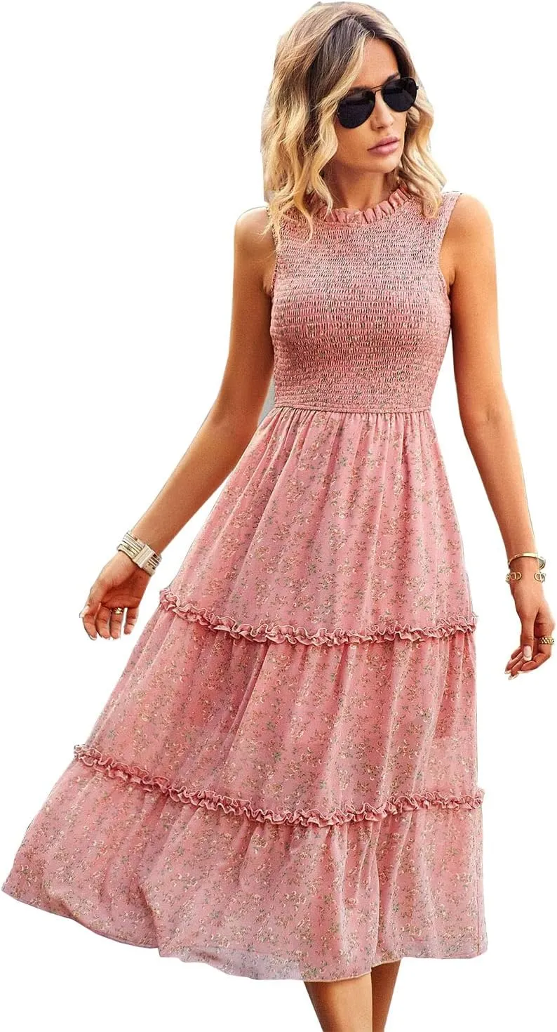 AVSMGP Women's 2023 Summer Casual Boho Floral Printed Spaghetti Strap Round Neck Ruffle A Line Swing Beach Mini Dress
