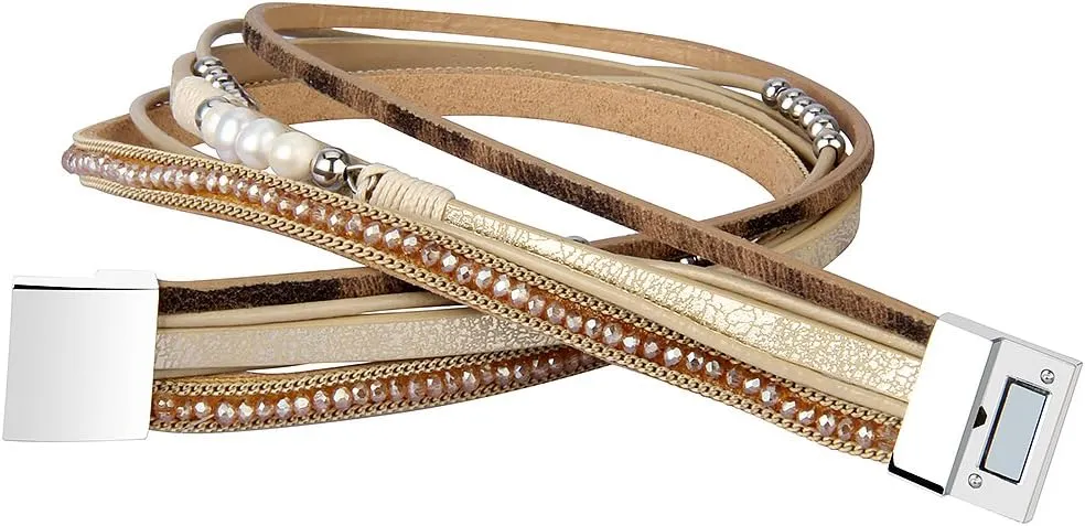 AZORA Leather Wrap Bracelets for Women Goldplated Metal Crescent Cuff Bracelet with Magnetic Buckle Casual Bohemian Wrist Bangle Jewelry Gift for Ladies Sister Mum