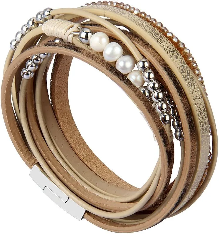 AZORA Leather Wrap Bracelets for Women Goldplated Metal Crescent Cuff Bracelet with Magnetic Buckle Casual Bohemian Wrist Bangle Jewelry Gift for Ladies Sister Mum