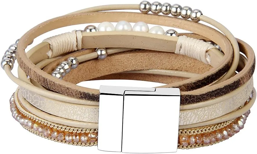 AZORA Leather Wrap Bracelets for Women Goldplated Metal Crescent Cuff Bracelet with Magnetic Buckle Casual Bohemian Wrist Bangle Jewelry Gift for Ladies Sister Mum