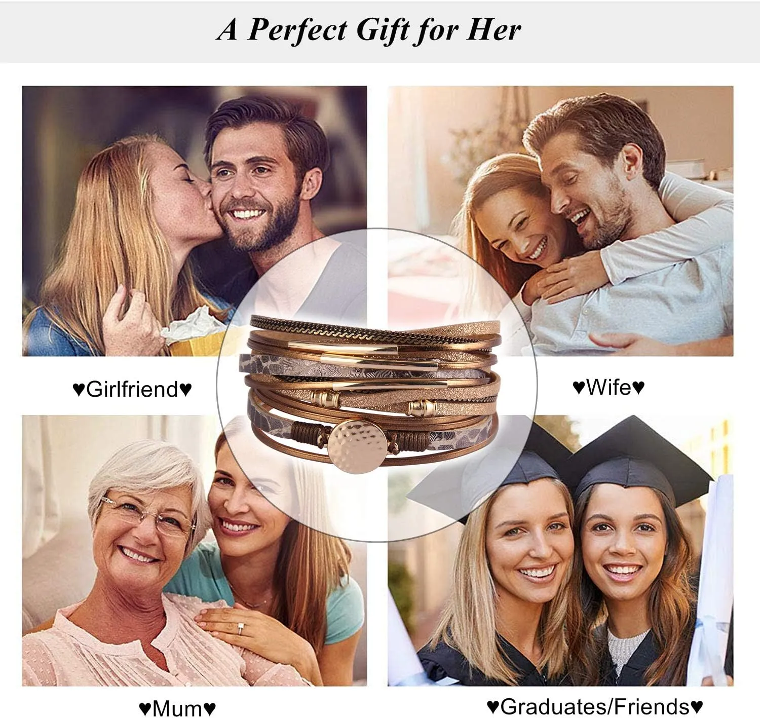 AZORA Leather Wrap Bracelets for Women Goldplated Metal Crescent Cuff Bracelet with Magnetic Buckle Casual Bohemian Wrist Bangle Jewelry Gift for Ladies Sister Mum