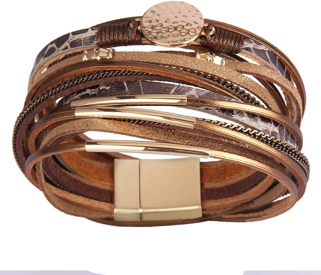 AZORA Leather Wrap Bracelets for Women Goldplated Metal Crescent Cuff Bracelet with Magnetic Buckle Casual Bohemian Wrist Bangle Jewelry Gift for Ladies Sister Mum