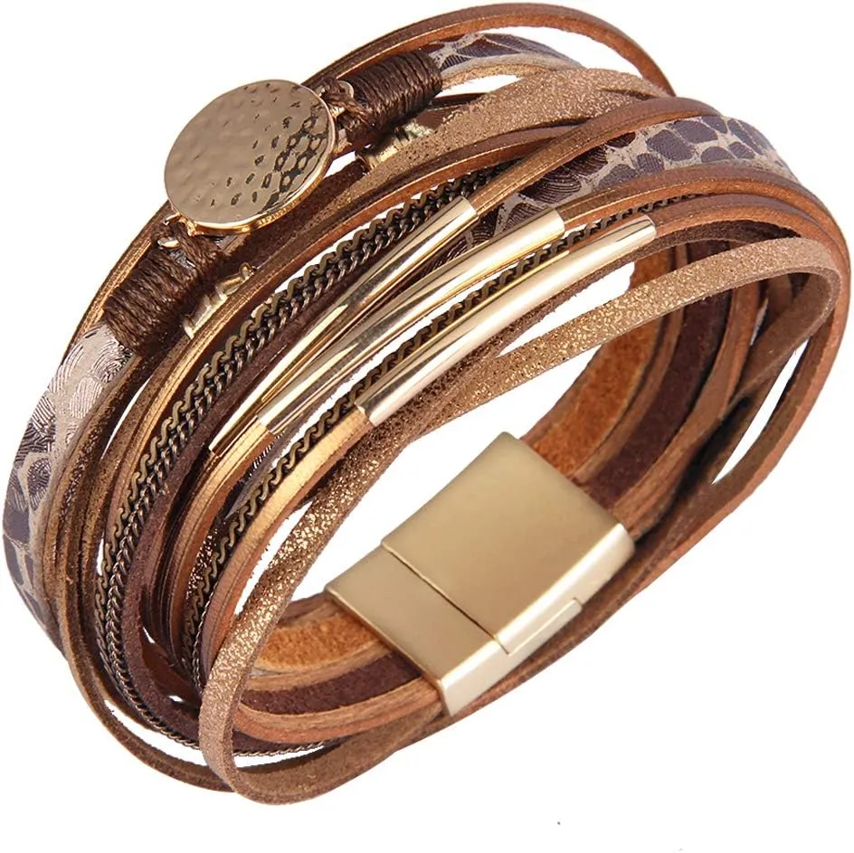 AZORA Leather Wrap Bracelets for Women Goldplated Metal Crescent Cuff Bracelet with Magnetic Buckle Casual Bohemian Wrist Bangle Jewelry Gift for Ladies Sister Mum