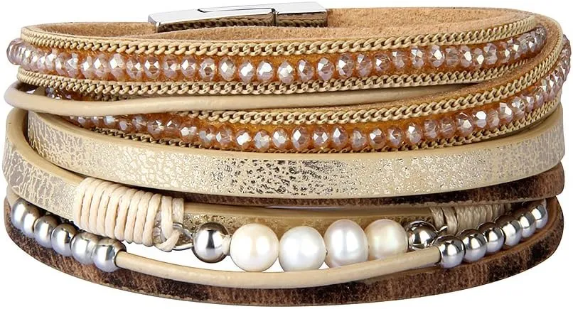 AZORA Leather Wrap Bracelets for Women Goldplated Metal Crescent Cuff Bracelet with Magnetic Buckle Casual Bohemian Wrist Bangle Jewelry Gift for Ladies Sister Mum