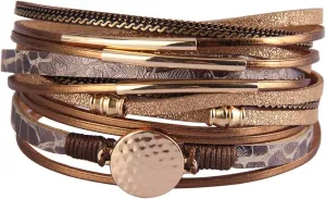 AZORA Leather Wrap Bracelets for Women Goldplated Metal Crescent Cuff Bracelet with Magnetic Buckle Casual Bohemian Wrist Bangle Jewelry Gift for Ladies Sister Mum