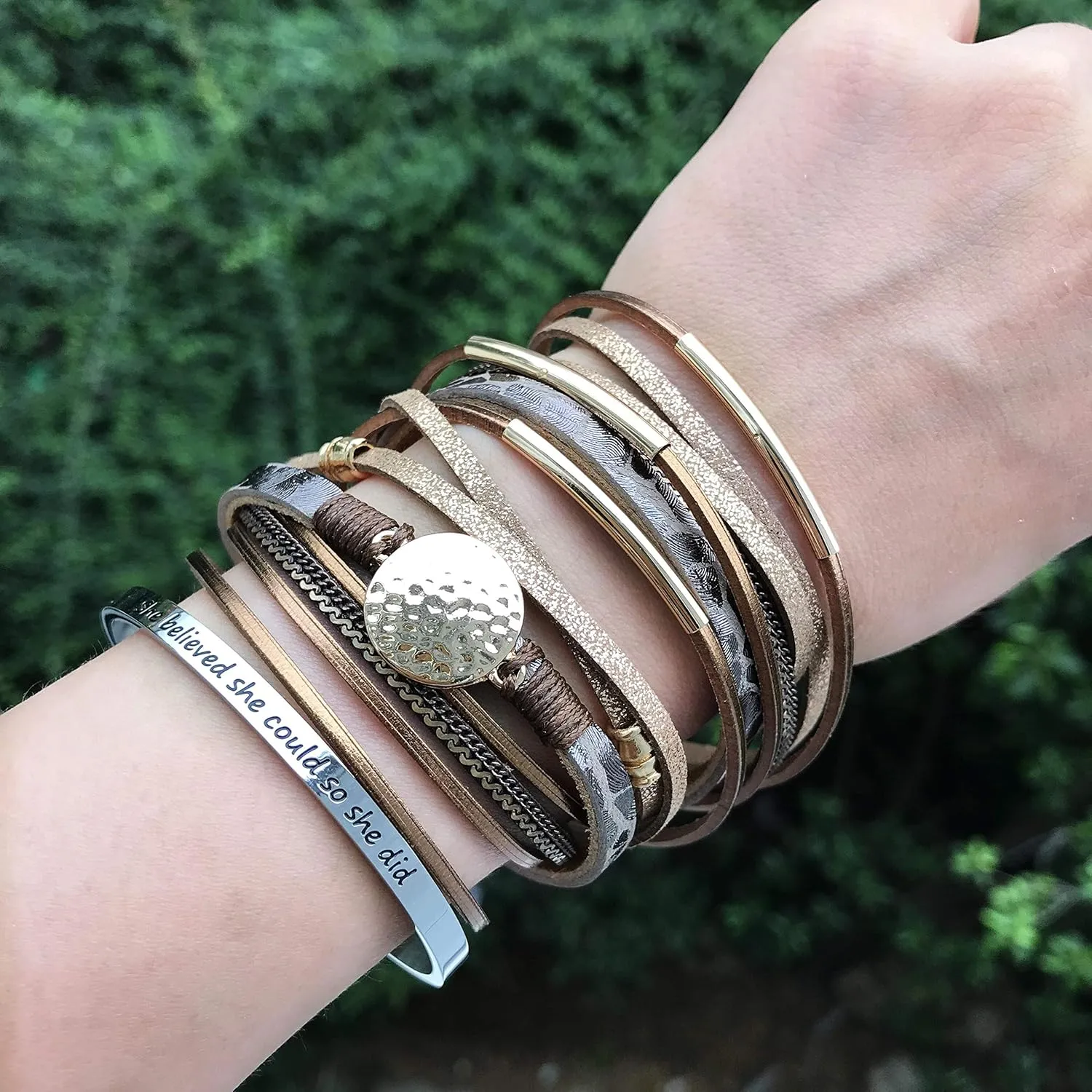 AZORA Leather Wrap Bracelets for Women Goldplated Metal Crescent Cuff Bracelet with Magnetic Buckle Casual Bohemian Wrist Bangle Jewelry Gift for Ladies Sister Mum